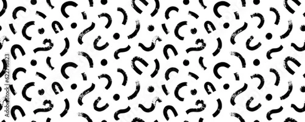 Fototapeta Freehand scribbles seamless pattern. Grunge banner in geometric style. Hand drawn curved bold lines and black dots. Vector organic textile print. Brush drawn curved strokes and waves.