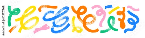 Obraz Collection colorful bold curved lines with loops isolated on white. Hand drawn bold grunge wavy and swirled brush strokes. Simple childish vector scribbles and squiggles. Creative trendy style design.