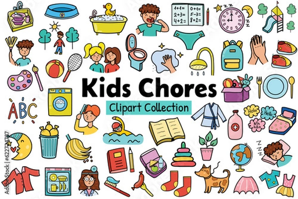 Fototapeta Kids chores clipart collection. Daily routine icons set. Tasks stickers for creating reward chart. Vector illustration