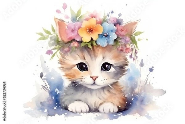 Fototapeta Watercolor cute cat on white background Generative AI