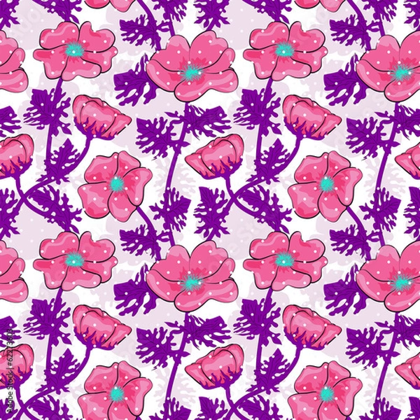 Fototapeta Seamless pink flowers pattern on white