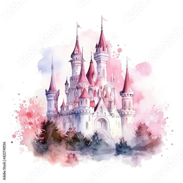 Obraz Watercolor Fairy tale Castle on white background Generative AI