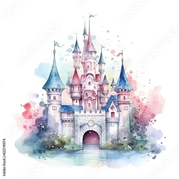 Obraz Watercolor Fairy tale Castle on white background Generative AI