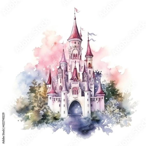 Obraz Watercolor Fairy tale Castle on white background Generative AI