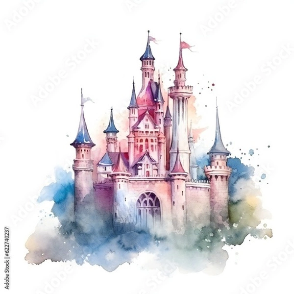 Obraz Watercolor Fairy tale Castle on white background Generative AI