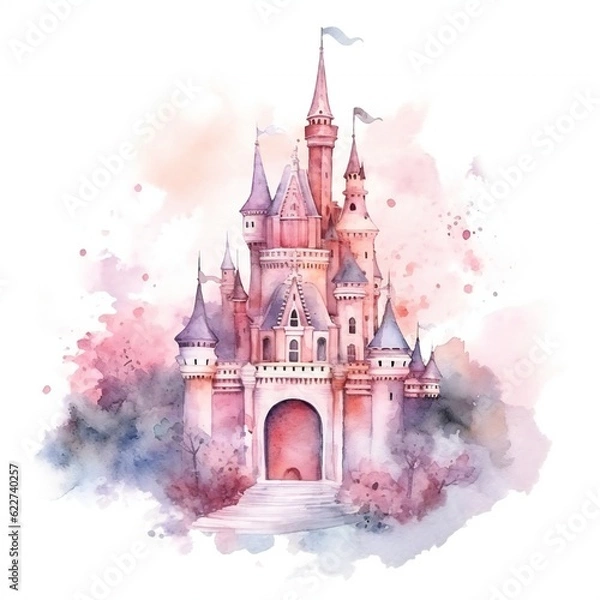 Obraz Watercolor Fairy tale Castle on white background Generative AI