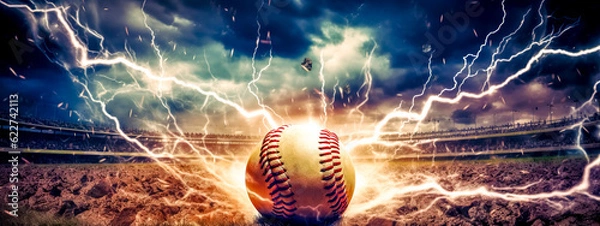 Obraz abstract baseball ball in a colorful explosion of fire energy and movement, sports performance, banner made with Generative AI