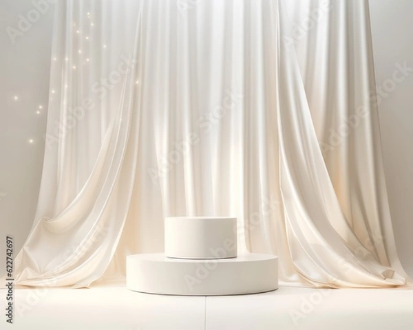 Obraz white podium with curtains and sparkling effect on cream background