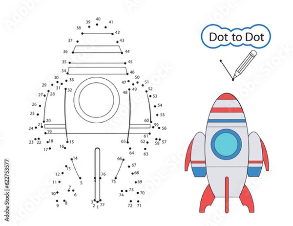 Obraz Kids game dot to dot draw of rocket. Activity education worksheet. Kids art game. Finish drawing image of cartoon spaceship. Children art riddle by numbers. Vector illustration.
