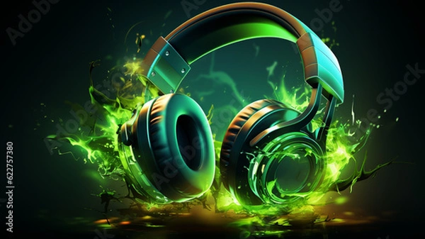 Fototapeta Sound Multimedia Headphones Music Sound Soundsystem Hifi Audio abstrakt grüner Style im Querformat. Generative Ai. 