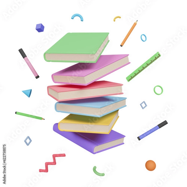 Fototapeta Pile of books and school supplies on white background. Back to school concept. 3d rendering