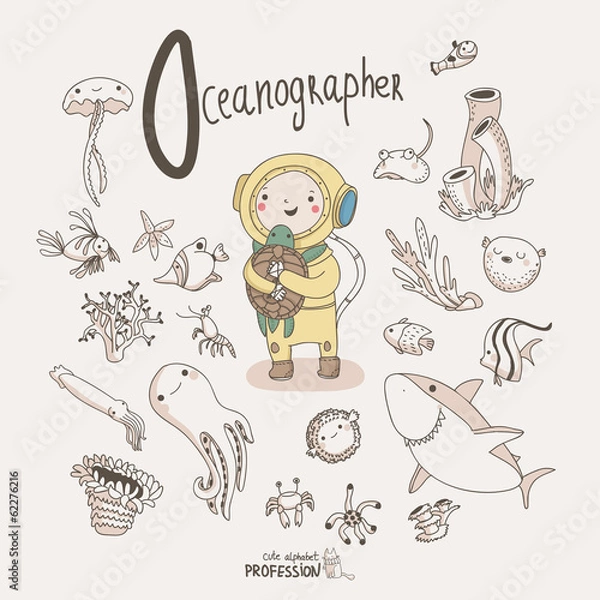 Obraz Cute vector alphabet Profession. Letter O - Oceanographer