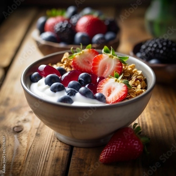 Fototapeta A white ceramic bowl filled with a mixture of plain yogurt and fresh seasonal berries, AI generated