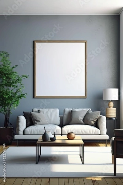 Fototapeta AI generated illustration of a cozy living room with an empty frame hanging above a comfortable sofa