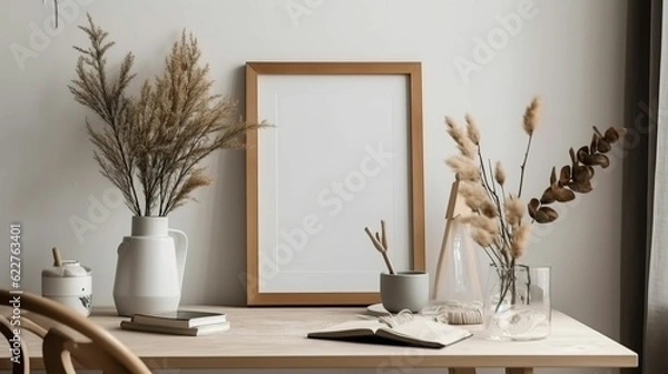 Fototapeta Elegant table with a frame and decorative vases and books arranged in front of it, AI-generated.