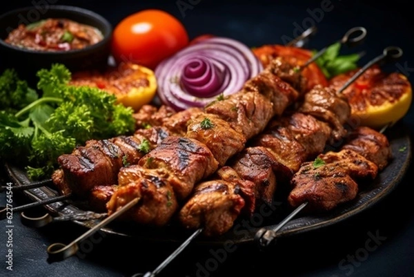 Fototapeta Grilled meat on skewers with vegetables on a black background.