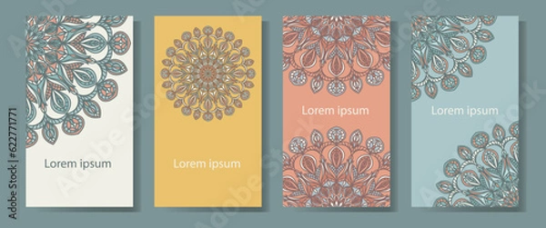 Obraz A set of four backgrounds with a mandala image. Ethnic pattern in the design of a card, invitation, flyer, cover, label.