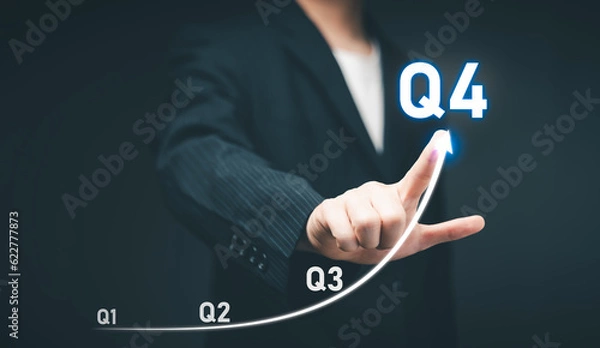 Fototapeta Business Profit growth, Financial report, Fourth quarter Concept. Business man point 4th quarter positive growth performance report, increasing financial, Q4, stock, analysis, Business chart, success.