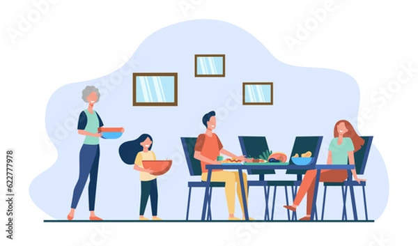 Fototapeta Happy family preparing for dinner vector illustration. Grandmother and daughter setting table while parents talking. Family reunion, intergenerational connections concept