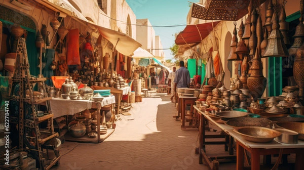 Fototapeta Colorful shopping street in the style of Djerba featuring pottery, fabrics and Arab lamps in a classic Tunisian market atmosphere - Houmt Souk and Midoun. Generative AI.