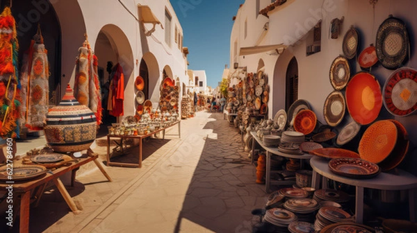 Fototapeta Colorful shopping street in the style of Djerba featuring pottery, fabrics and Arab lamps in a classic Tunisian market atmosphere - Houmt Souk and Midoun. Generative AI.