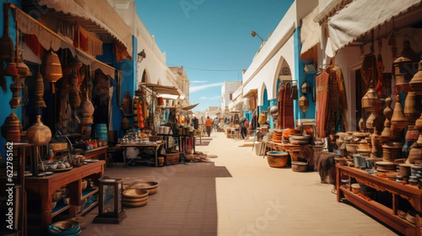 Fototapeta Colorful shopping street in the style of Djerba featuring pottery, fabrics and Arab lamps in a classic Tunisian market atmosphere - Houmt Souk and Midoun. Generative AI.