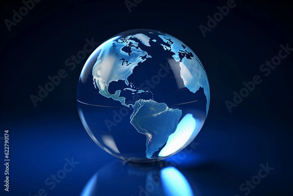 Fototapeta Transparent glass globe with reflection on blue background. Education concept. Studying maps and using geographic tools. Innovative educational materials. Tourism and travel