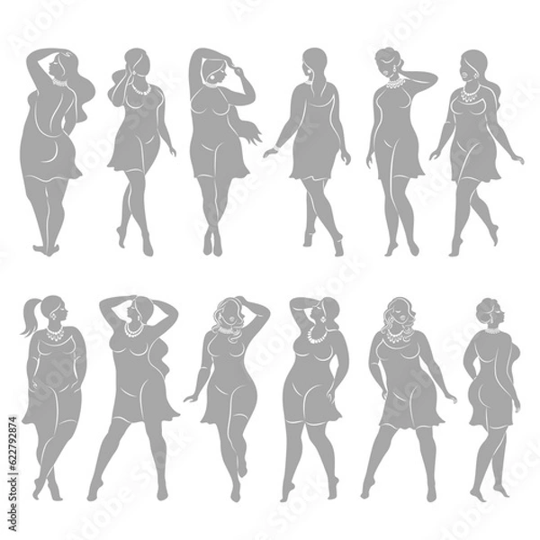 Fototapeta Collection.Beautiful woman silhouette in modern single line continuous style. The girl is overweight. The lady is standing. vector illustration set.