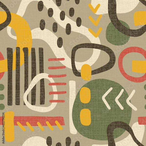 Fototapeta TEXTURED BEIGE GREEN VECTOR SEAMLESS BACKGROUND WITH MULTICOLORED ABSTRACT ELEMENTS