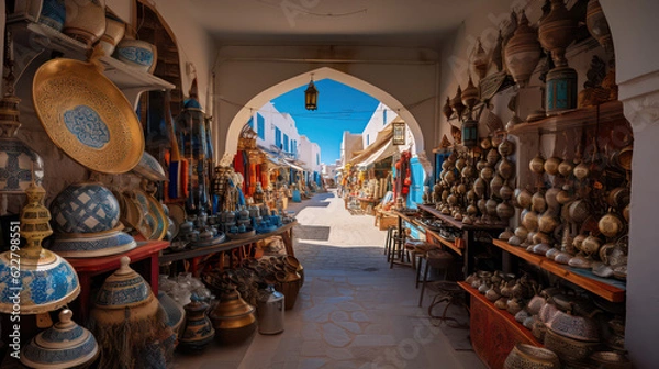 Fototapeta Colorful shopping street in the style of Djerba featuring pottery, fabrics and Arab lamps in a classic Tunisian market atmosphere - Houmt Souk and Midoun. Generative AI.