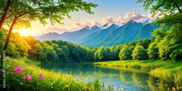 Fototapeta Summer concept background serene nature landscape with warm tone sunlight foliage of trees