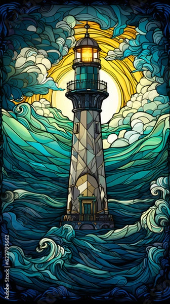 Fototapeta A vibrant stained glass lighthouse shining over the vast ocean Generative Ai