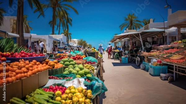 Fototapeta Colorful shopping street in the style of Djerba's Houmt Souk and Midoun markets, brimming with fruits and vegetable stalls. Generative AI.