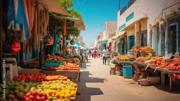 Fototapeta Colorful shopping street in the style of Djerba's Houmt Souk and Midoun markets, brimming with fruits and vegetable stalls. Generative AI.