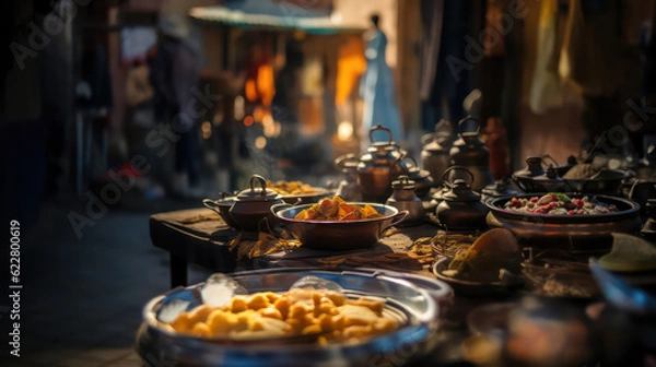 Fototapeta Delicious tajine dish in the vibrant surroundings of a market street, reminiscent of Djerba's classic Tunisian markets. Generative AI.