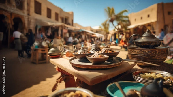 Fototapeta Delicious tajine dish in the vibrant surroundings of a market street, reminiscent of Djerba's classic Tunisian markets. Generative AI.