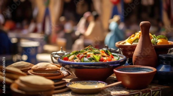 Fototapeta Delicious tajine dish in the vibrant surroundings of a market street, reminiscent of Djerba's classic Tunisian markets. Generative AI.