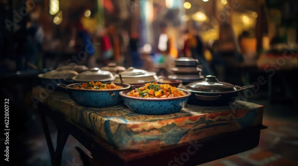Fototapeta Delicious tajine dish in the vibrant surroundings of a market street, reminiscent of Djerba's classic Tunisian markets. Generative AI.
