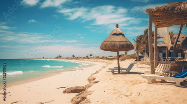 Fototapeta Djerba style beach with white sand and turquoise sea, exuding a typical colorful local ambiance. Generative AI.