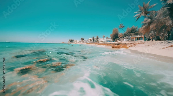 Fototapeta Djerba style beach with white sand and turquoise sea, exuding a typical colorful local ambiance. Generative AI.
