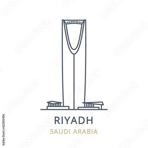 Fototapeta Vector icon of the city landmark of RIYADH in the country of SAUDI ARABIA. Linear illustration of the famous landmark on a white background. Cityscape icons of the famous, modern city symbol. 