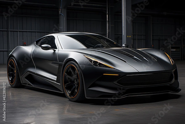 Fototapeta Futuristic concept car in garage on dark background, expensive exclusive sports auto, AI Generated