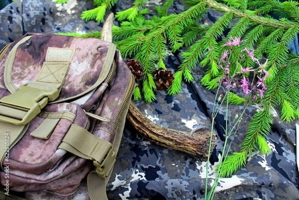 Fototapeta Equipment for outdoor travel on camouflage fabric with branches of coniferous trees