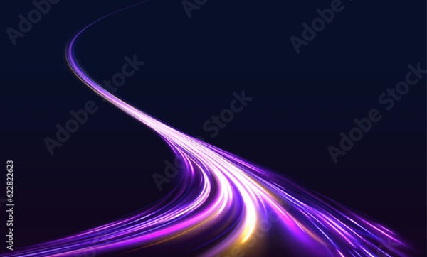 Fototapeta Abstract neon color glowing lines background.	Geometric and dynamic, trendy layout for racing club or sport competition, event poster. Futuristic and motion, race and linear	