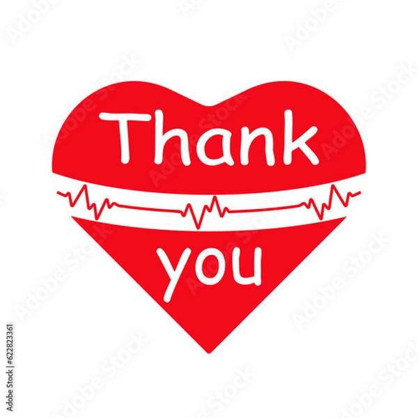 Fototapeta Thank you inscription in a red heart, Handwritten alphabet with a beating heart. Creative typographic design. Isolated vector.