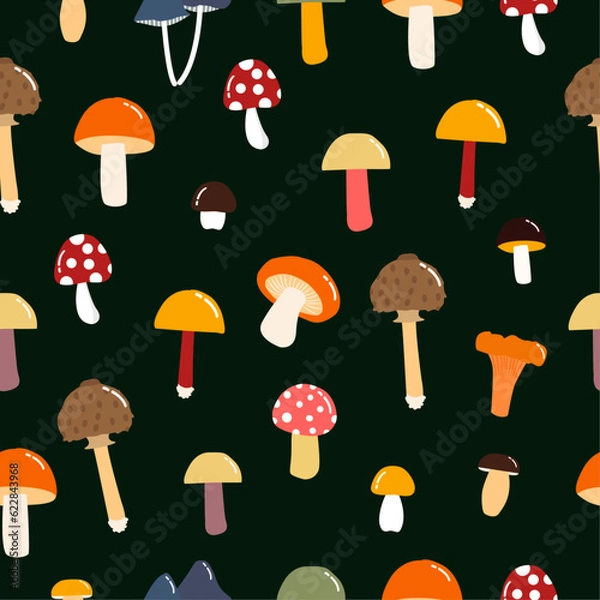 Fototapeta Hand drawn scandinavian seamless patterns with different mushrooms and amanita. Flat vector illustration. Autumn texture for thanksgiving, harvest and halloween 