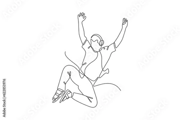 Fototapeta Single one line drawing Happy free people flying, floating and jumping in air. Freedom concept. Continuous line draw design graphic vector illustration.