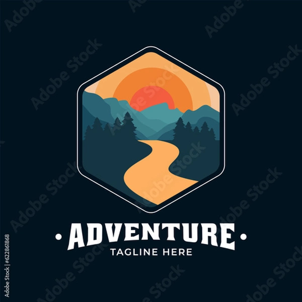 Obraz Vintage modern adventure logo with mountain view, river and pine trees. It is suitable for logos of adventurers, nature lovers, mountain climbers, brands, and others.