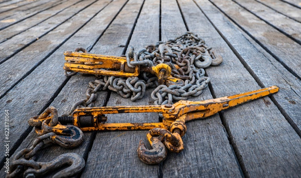 Obraz Two old, used and rusty tie down chains and binders, used to secure an object in place on a flatbed trailer, when transporting cargo from place to place.