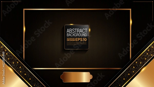 Obraz black gold background, golden light luxury image abstract, straight lines overlap layer shadow gradients space composition for banner, flyer cover layout, website template design